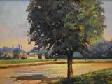 an oil painting of a tree in a field with a house in the background
