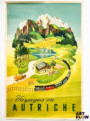 une affiche représentant un train sur les rails, avec des montagnes en arrière-plan