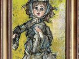 painting of a little girl in a blue dress holding a cat