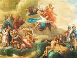 an image of a painting of a group of people in the sky