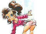 dessin représentant une femme en chemise rose et talons hauts, adossée à un mur