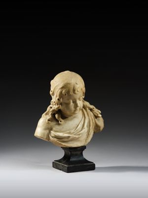 a white marble bust of a man on a black base