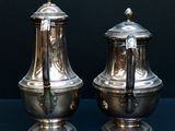 pair of silver plated salt and pepper shakers on a black surface