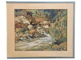 an image of a watercolor painting of a stream running through a forest