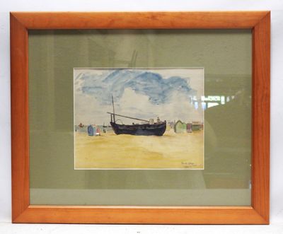 framed watercolor painting of a fishing boat on the beach