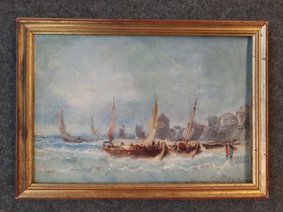 une peinture à l'huile représentant des bateaux sur l'eau, avec une ville en arrière-plan