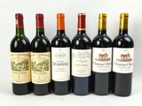 six bouteilles de vin sont alignées sur une surface blanche