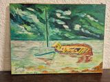 a painting of a boat and a sailboat on the water