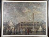 painting of a painting of people walking in front of a building