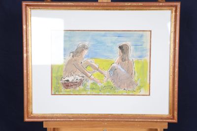 tableau représentant deux femmes assises dans l'herbe devant un fond bleu