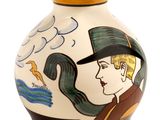 a vase with a picture of a man and a bird on it