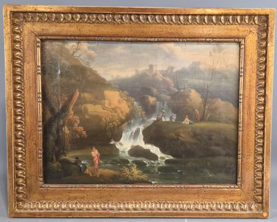 an oil painting of a river scene with a waterfall and figures