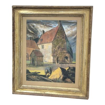 an oil painting of a farm scene with a barn and sheep