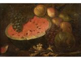 painting of a watermelon, grapes, peaches, and other fruit on a table