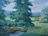 un tableau représentant une rivière dans un champ bordé d'arbres
