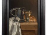 an oil painting of a still life with bread and a wine glass