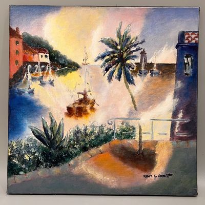 peinture représentant un tableau d'un bateau sur l'eau près d'un palmier