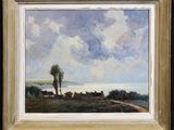 un tableau représentant un paysage avec des vaches qui paissent au loin