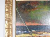 a picture of a painting of a man on the beach