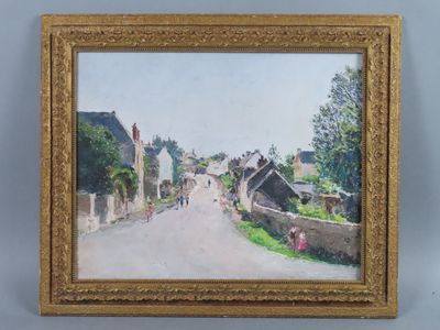 an oil painting of a street with houses and people walking down it