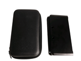 a black case that is next to a black cell phone