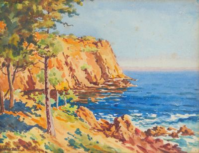 une image représentant un tableau d'une côte rocheuse parsemée d'arbres