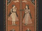 an image of a painting of two women and a cat
