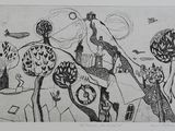 dessin en noir et blanc représentant un oiseau volant au-dessus des arbres