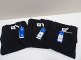 three adidas black t - shirts with blue tags on them