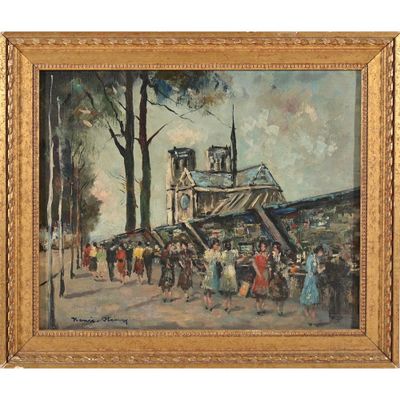 an oil painting of a crowd of people walking down a street