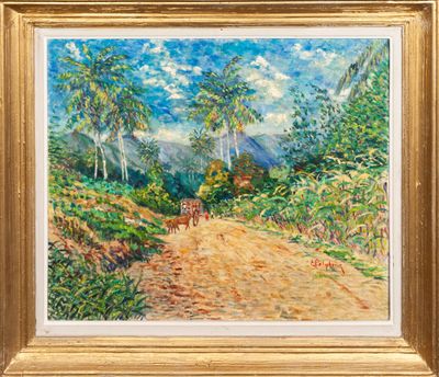une peinture à l'huile représentant un chemin de terre avec des arbres et une montagne en arrière-plan
