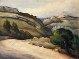 a painting of a road going through a hilly area