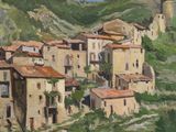 an oil painting of a village in the mountains with a castle in the background