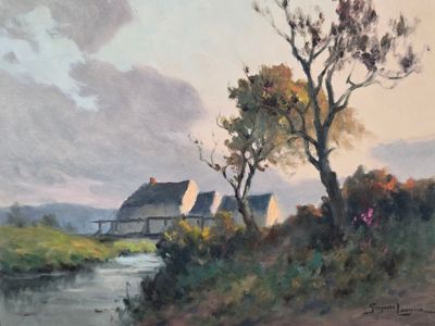 an image of a painting of a house by a river