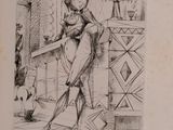 drawing of a woman sweeping a floor with a mop and a mop