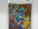 a close up of a pokemon trading card in a plastic case