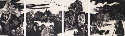 several black and white drawings of people walking in a forest