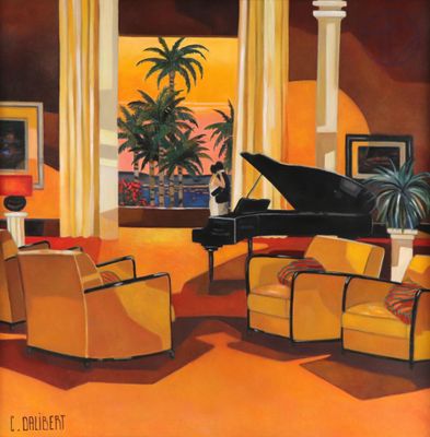 tableau représentant un salon avec un piano à queue et des chaises jaunes