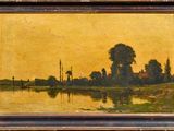 une image représentant un tableau où l'on voit une rivière, avec des arbres et des bâtiments en arrière-plan