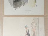 two watercolor paintings of a man and a woman sitting on a bench