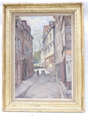 an oil painting of a street scene with people walking down the street