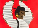 a red poster with a man holding a cigarette in his hand