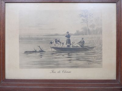 tableau représentant un homme et deux chiens dans un bateau sur un lac