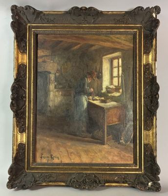 une peinture à l'huile représentant une femme dans une cuisine, près d'une fenêtre