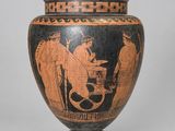 a vase with an image of a man and a woman on it