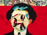 a painting of a man in a suit and tie on a red background