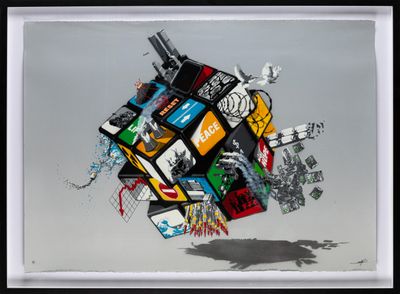 a painting of a rubik cube with a lot of stickers on it