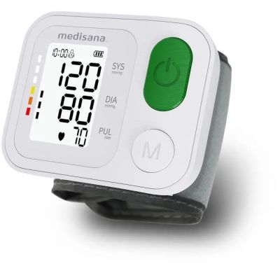 a digital wrist blood pressure monitor on a white surface