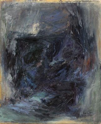 an oil painting of a black and blue painting on a yellow wall