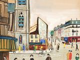 un tableau représentant une scène de rue avec des passants et une tour horloge
